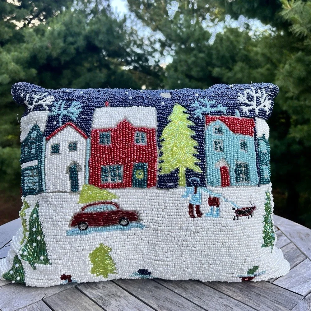 Cherish Tradition Beaded Christmas Village Throw Pillow Cover Zipper Back 15x11